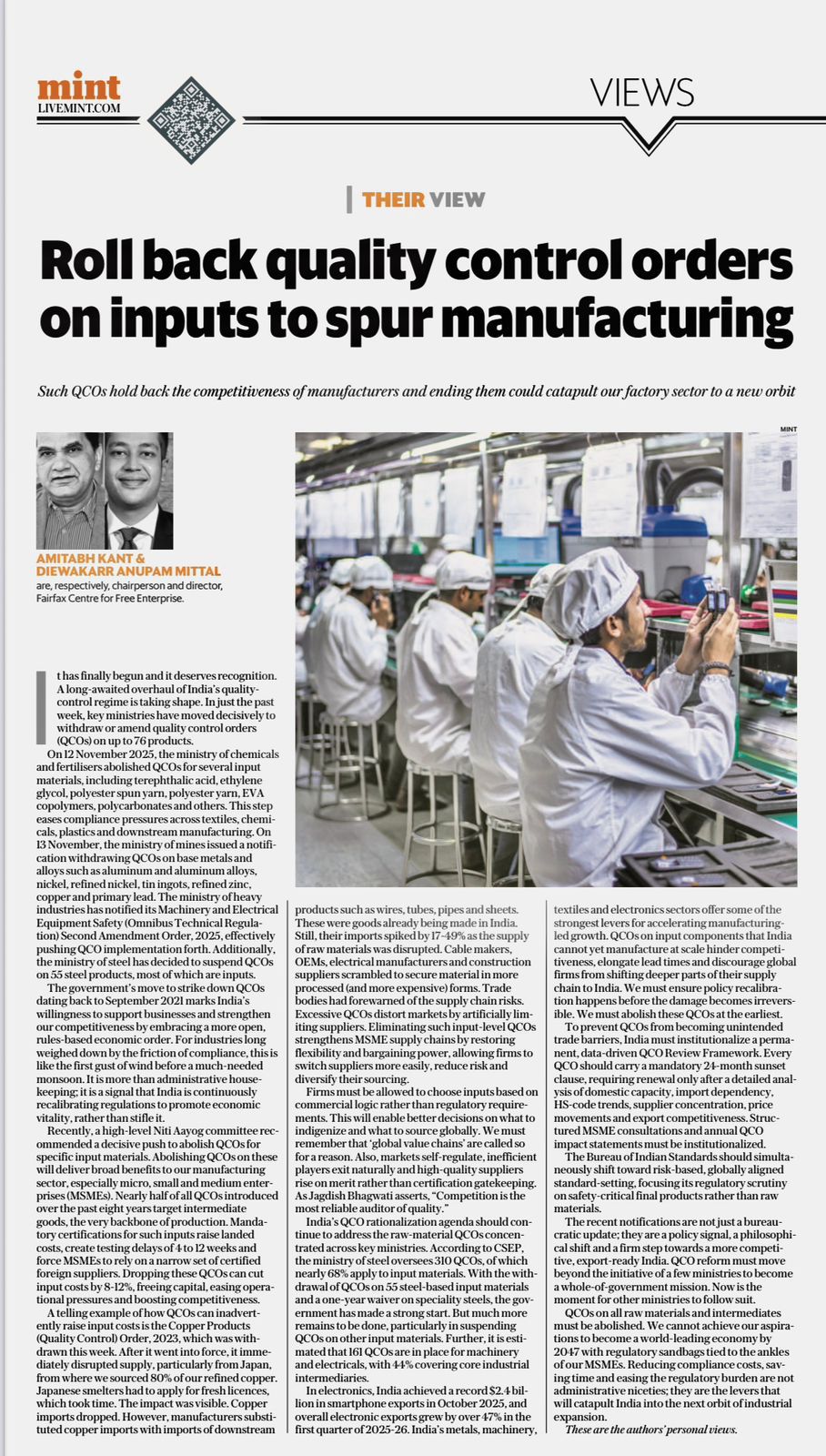 Roll back quality control orders on inputs to spur manufacturing - Amitabh Kant & Diewakarr Mittal