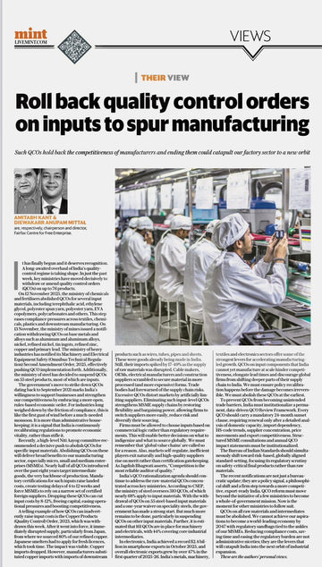 Roll back quality control orders on inputs to spur manufacturing - Amitabh Kant & Diewakarr Mittal